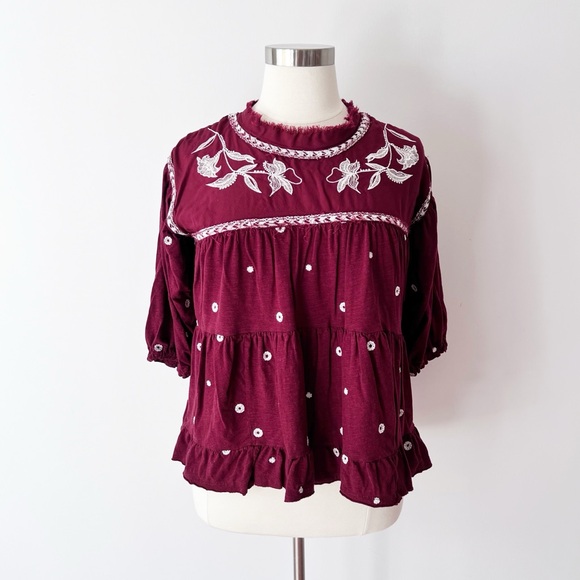 Cato Maroon Embroidered Top, Boho Frayed Neckline, Tiered, Soft Cotton Blend - Picture 1 of 8